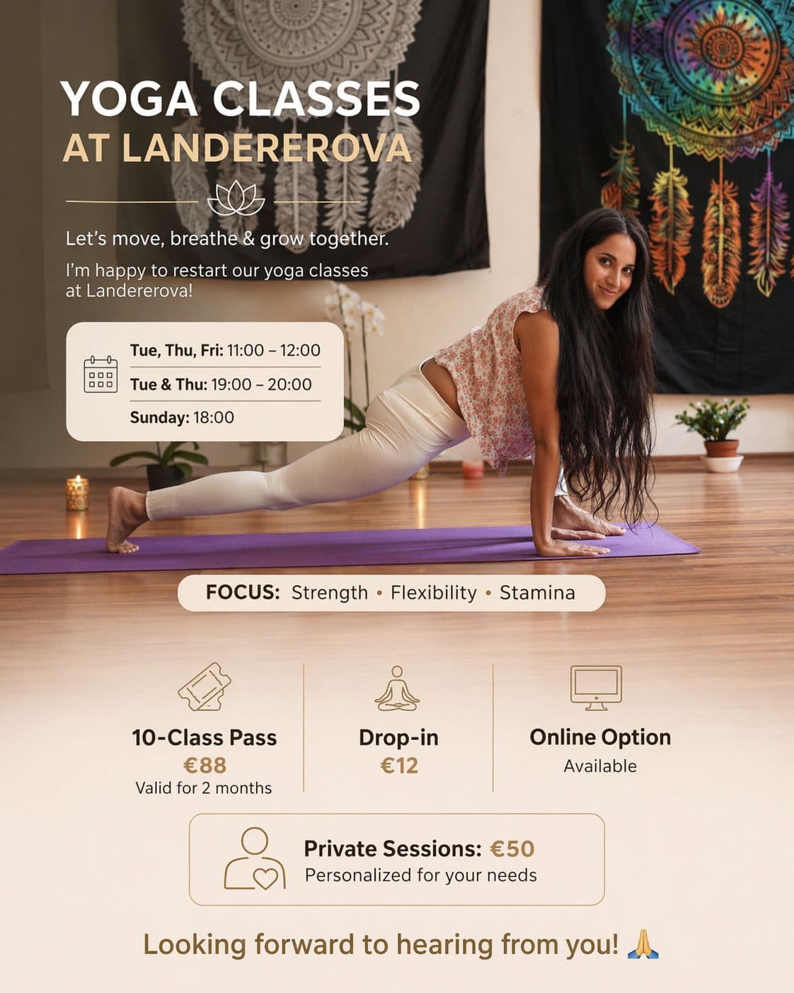 Yoga classes at Landererova — class flyer