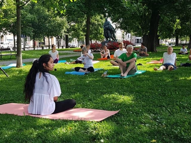 Outdoor yoga session in Bratislava's Old Town