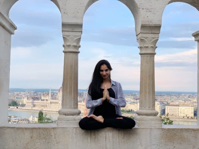 Jaiwanti in meditation at Fisherman's Bastion, Budapest